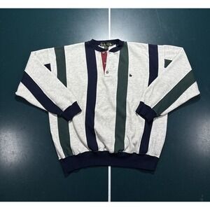 Vintage Striped Rugby Sweater Men Large Sweatshirt Navy Green Grandpa Preppy 90s